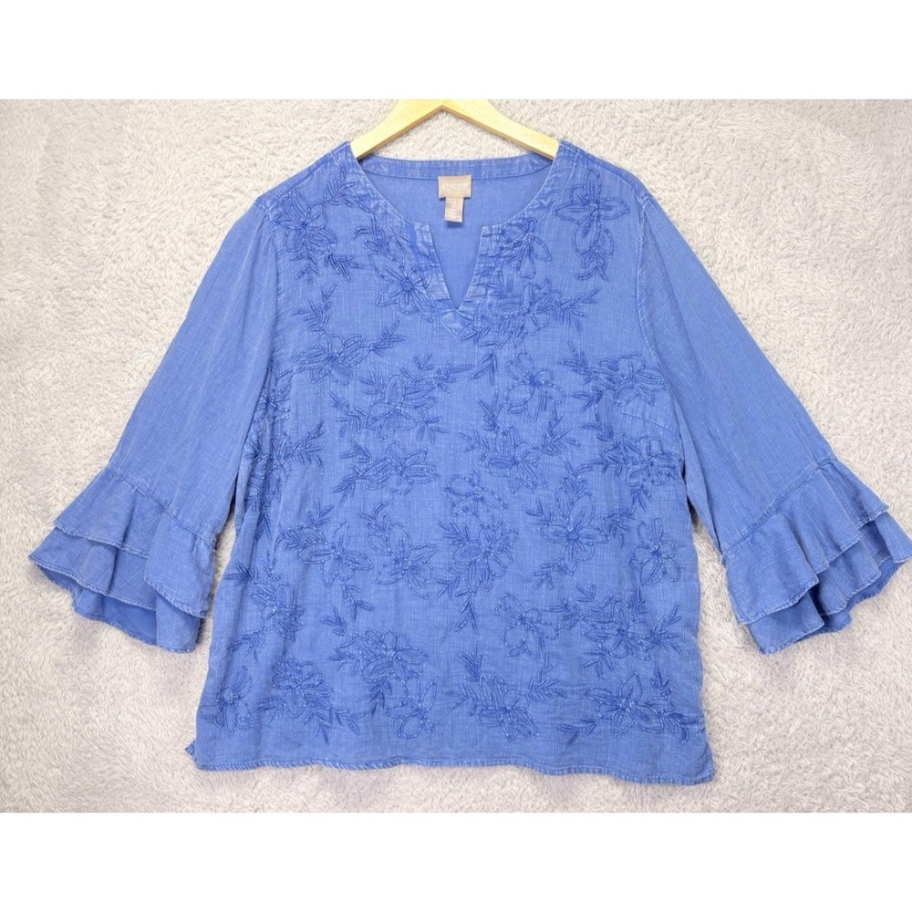 Chicos Size 2 (Large) Blue Embroidered Top V-Split Neck Bell Sleeve Lightweight - Picture 4 of 9